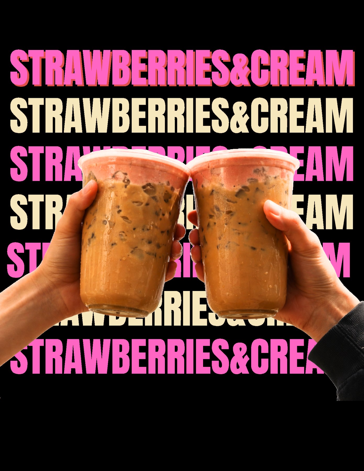 Cafe Hive strawberries and cream poster featuring two iced drinks and pink and cream typography.