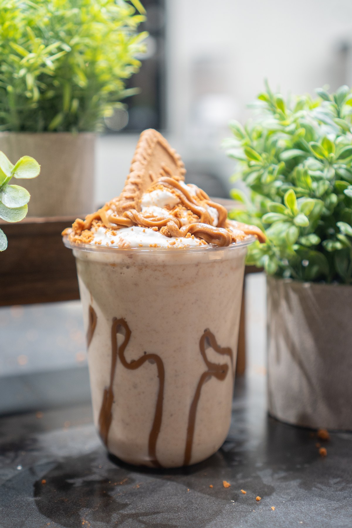 Biscoff milkshake topped with cream, caramel-colored drizzle and a biscuit, framed by green plants at Cafe Hive.