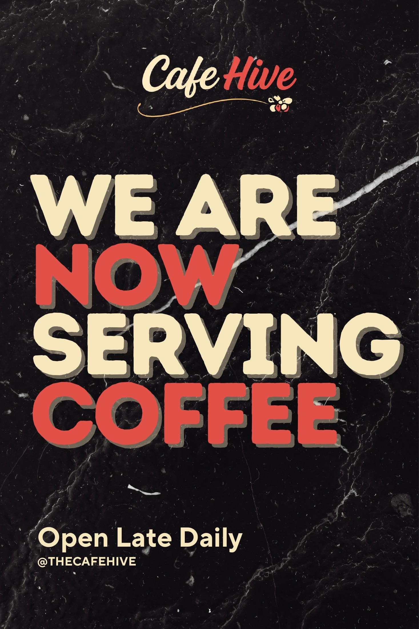 A-frame sign announcing coffee service in cream and red type on a dark marble background.