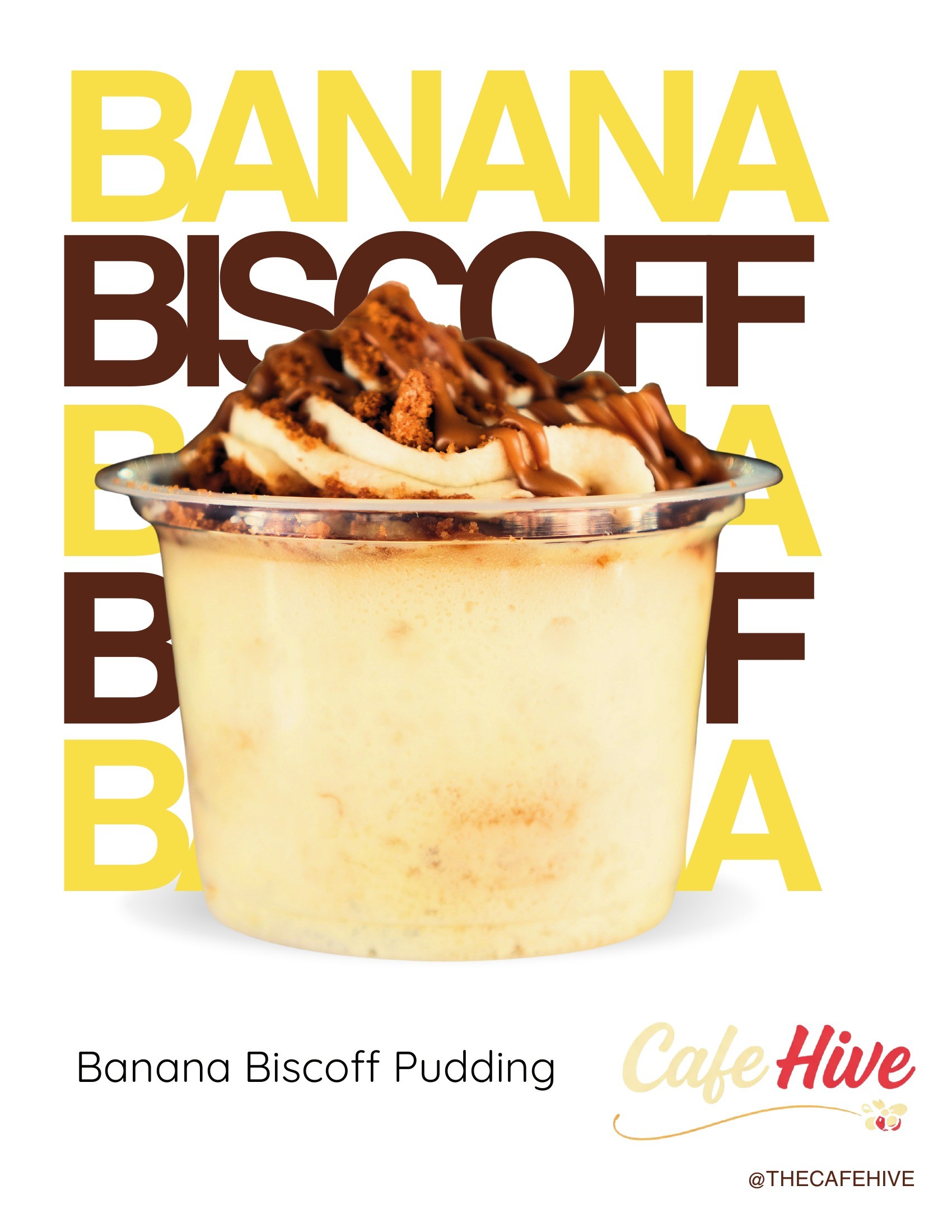 Banana Biscoff pudding poster with large yellow and brown type and a cutout product photograph.