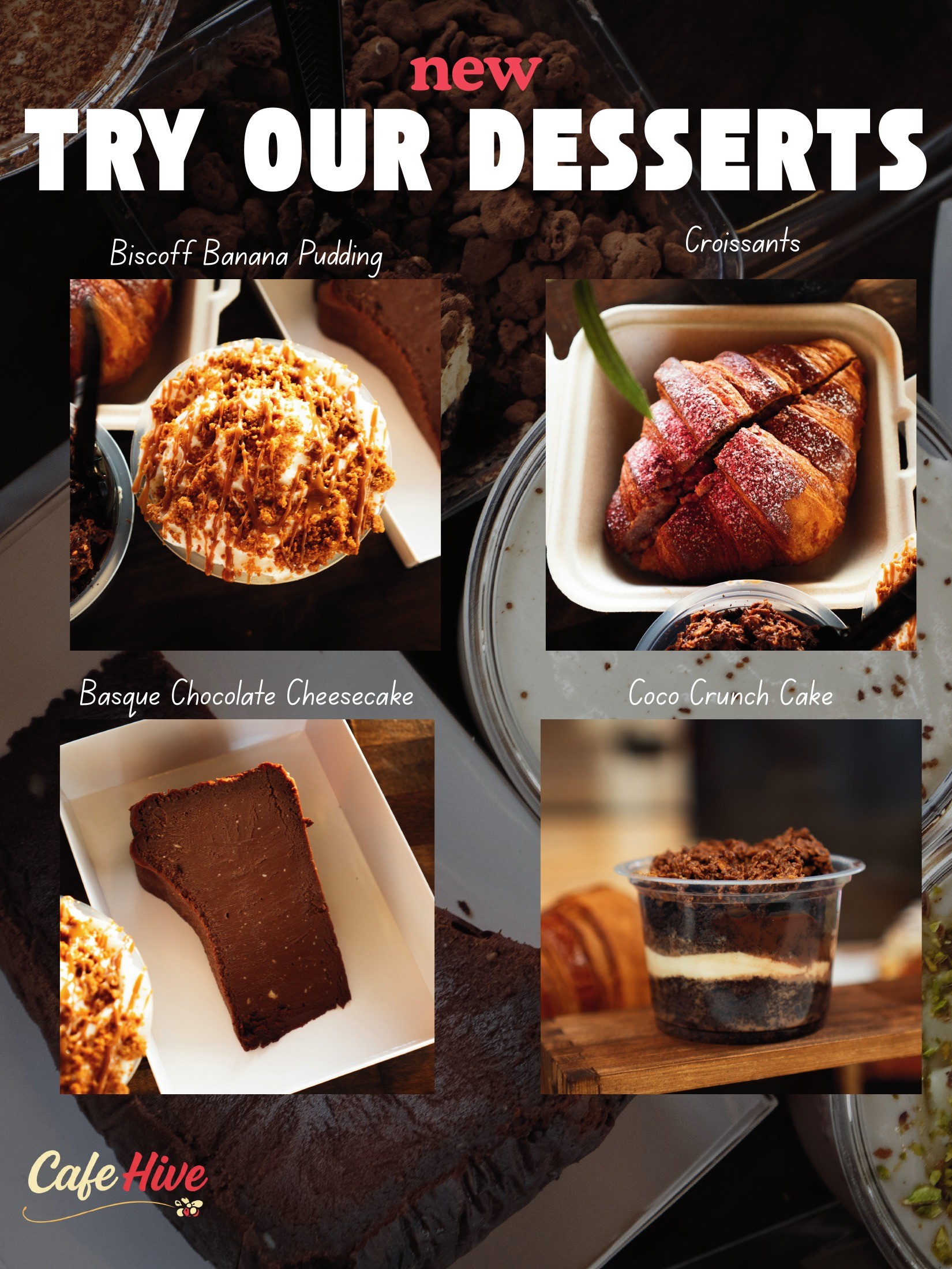 Four-product dessert flyer featuring pudding, croissants, cheesecake and Coco Crunch cake.