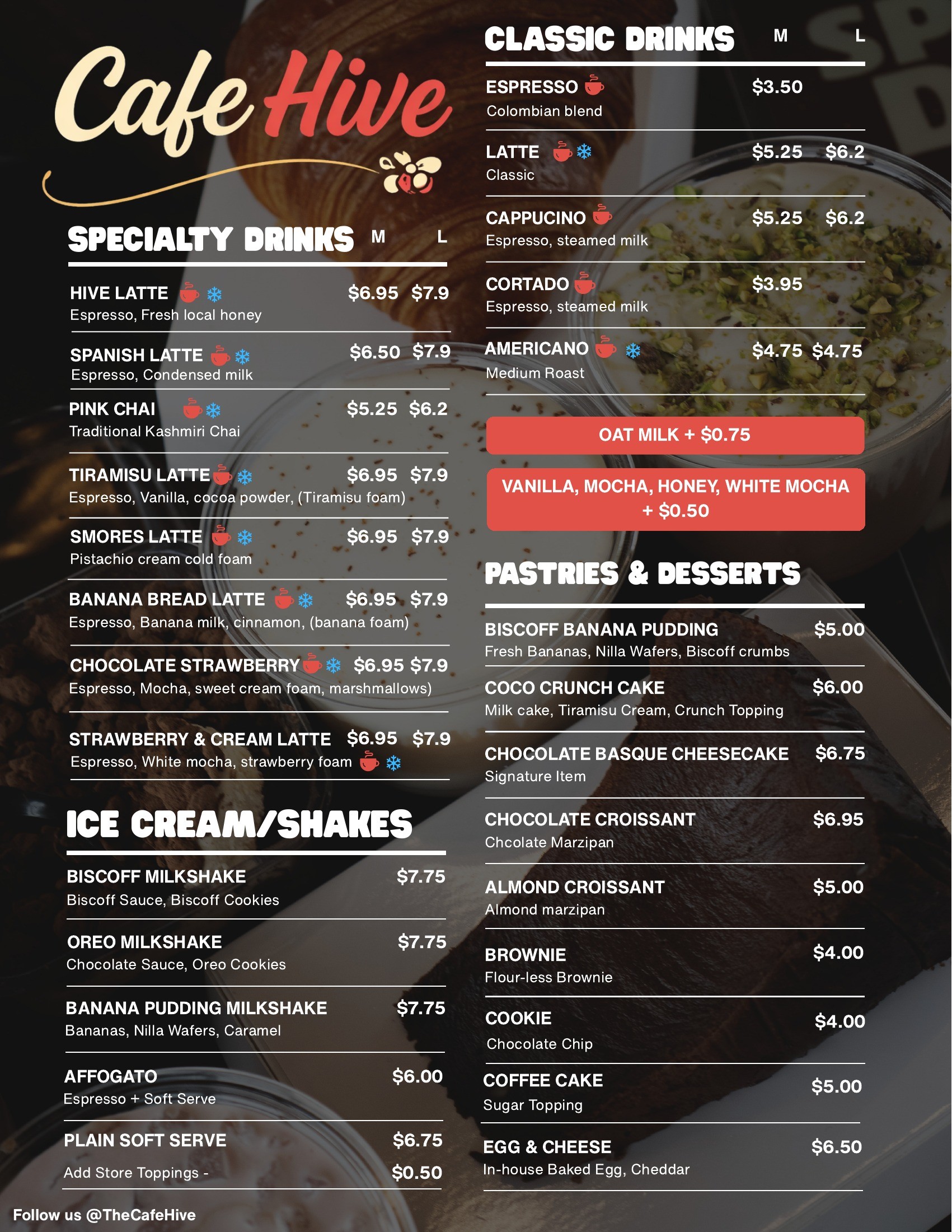 Full menu design featuring specialty drinks, classic drinks, shakes, pastries and desserts.