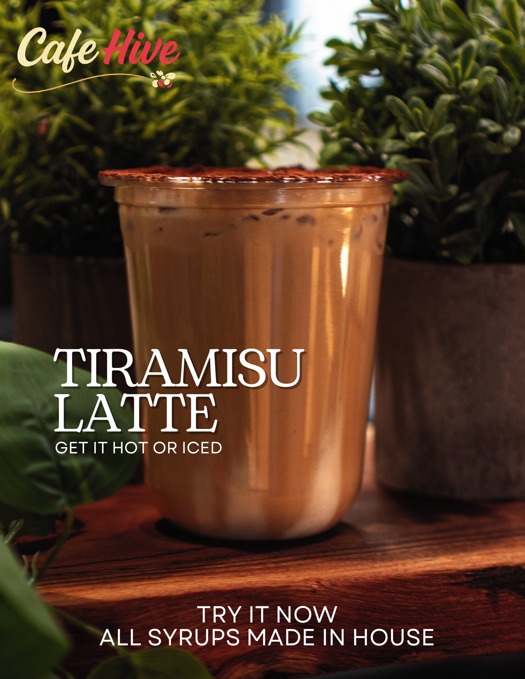 Tiramisu latte table card featuring a drink photograph and Cafe Hive branding.